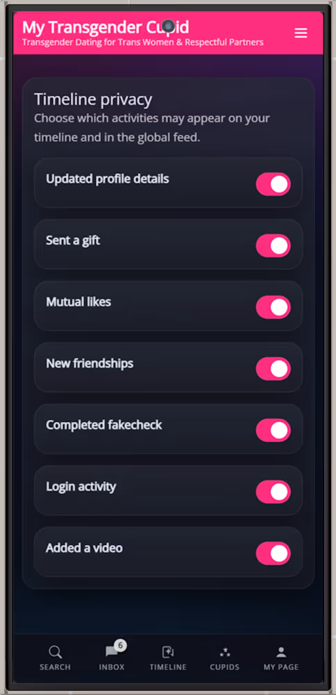 Preview of the MyTransgenderCupid Timeline privacy settings