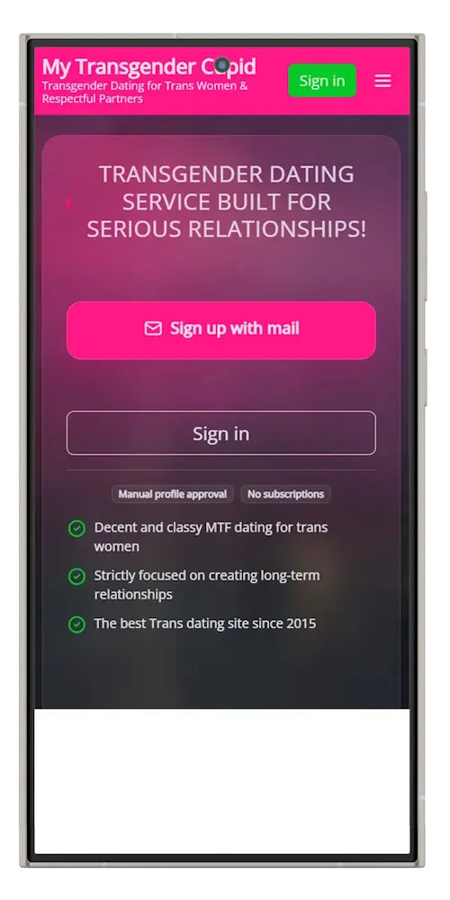 MyTransgenderCupid mobile app onboarding screen for transgender dating