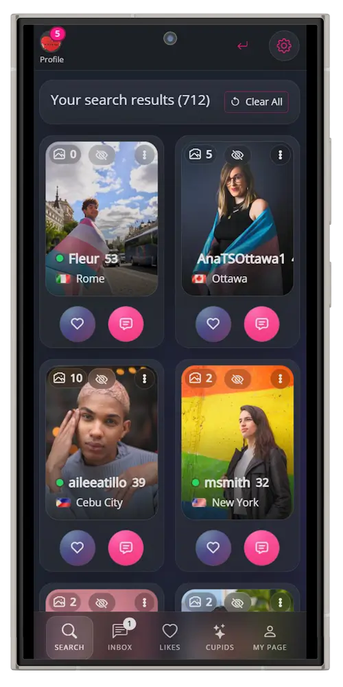 MyTransgenderCupid mobile app search results showing transgender singles profiles