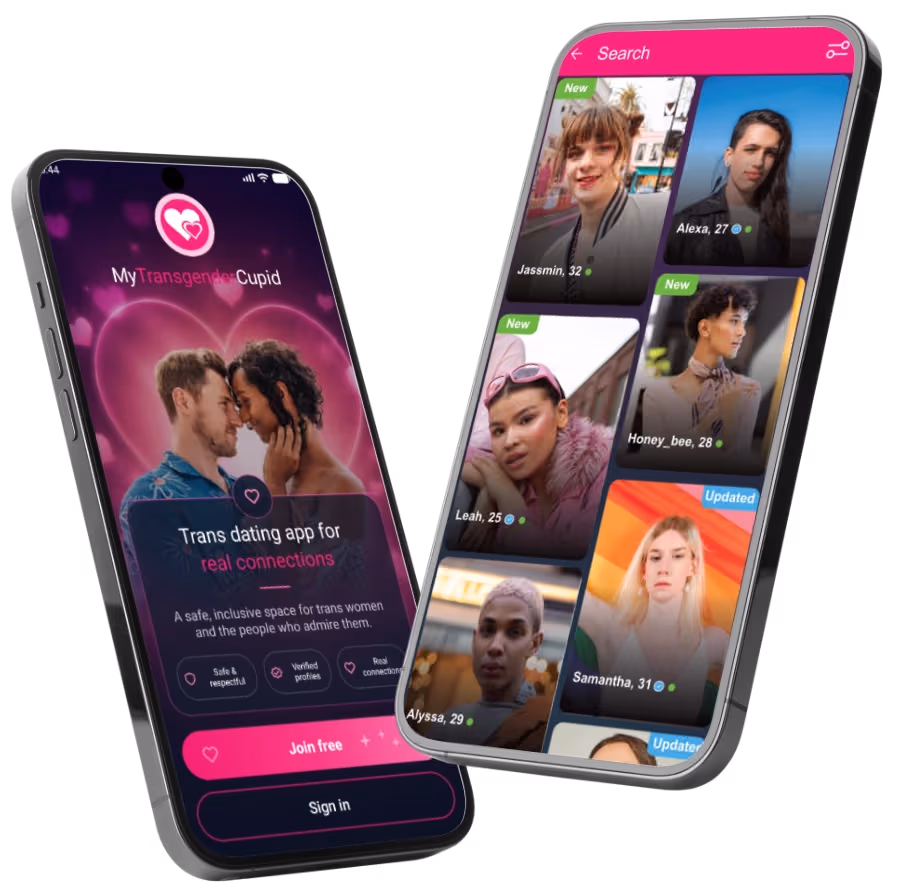 Interfaz de la app de citas trans MyTransgenderCupid ayudando a mujeres trans y admiradores respetuosos a encontrar el amor verdadero online