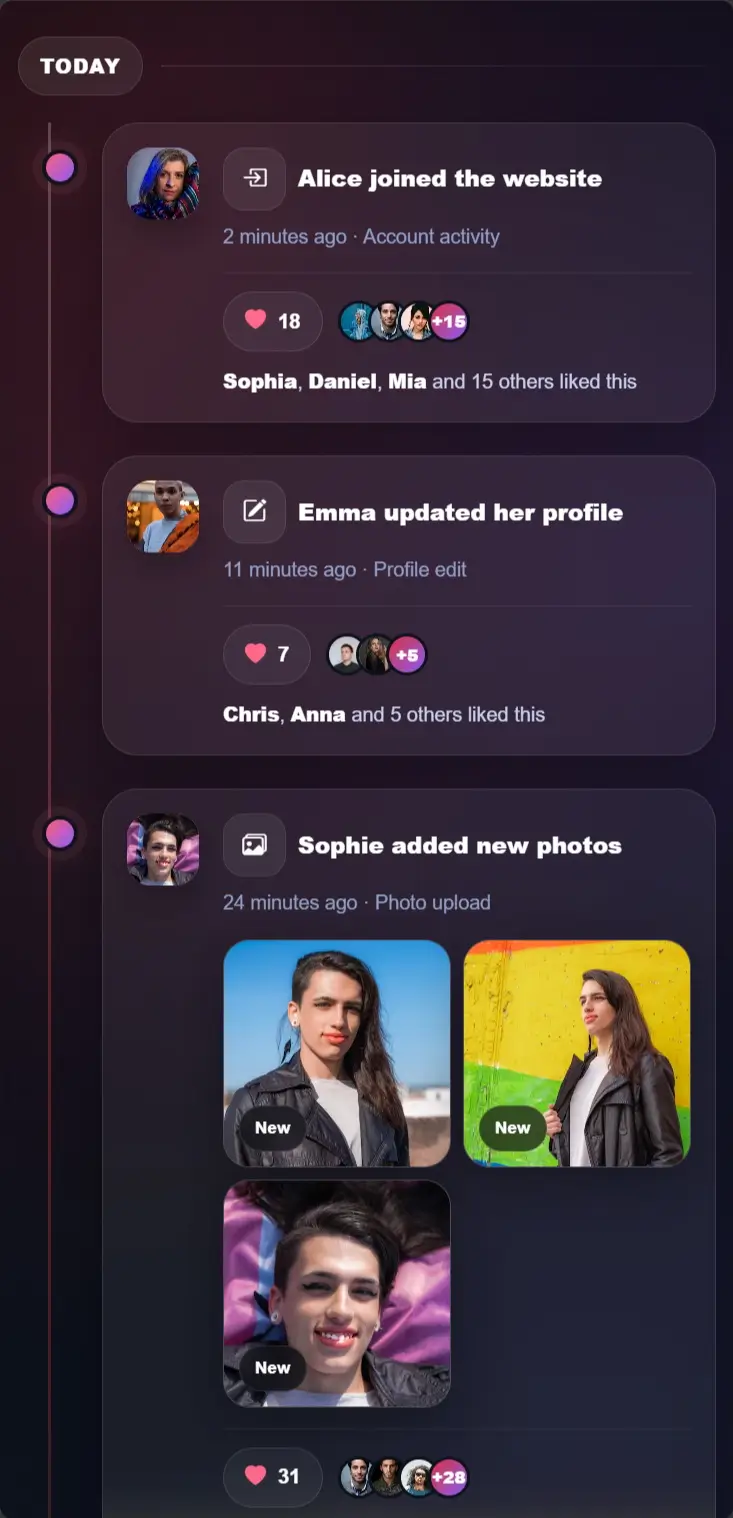 Preview of the MyTransgenderCupid Timeline feature showing member activity