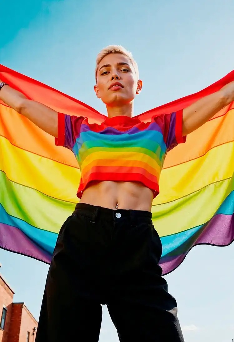 Person holding a rainbow flag during a celebration