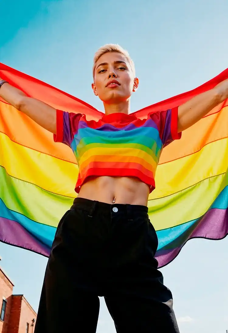 Person holding a rainbow flag at a pride celebration